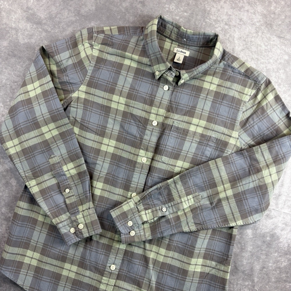 LL Bean Flannel Shirt Men's S Green Button Down Plaid Cotton Long Sleeve Hiking